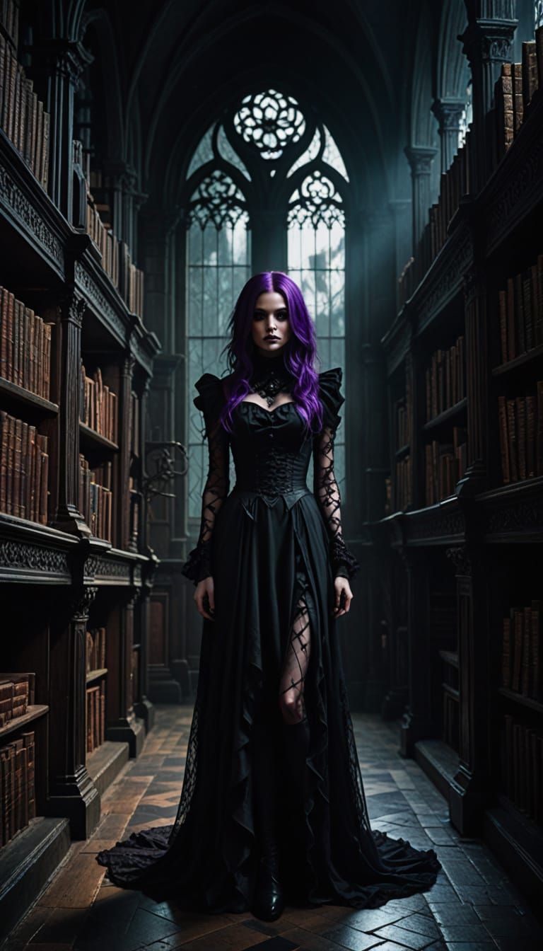 Gothic Woman in Library with Purple Hair