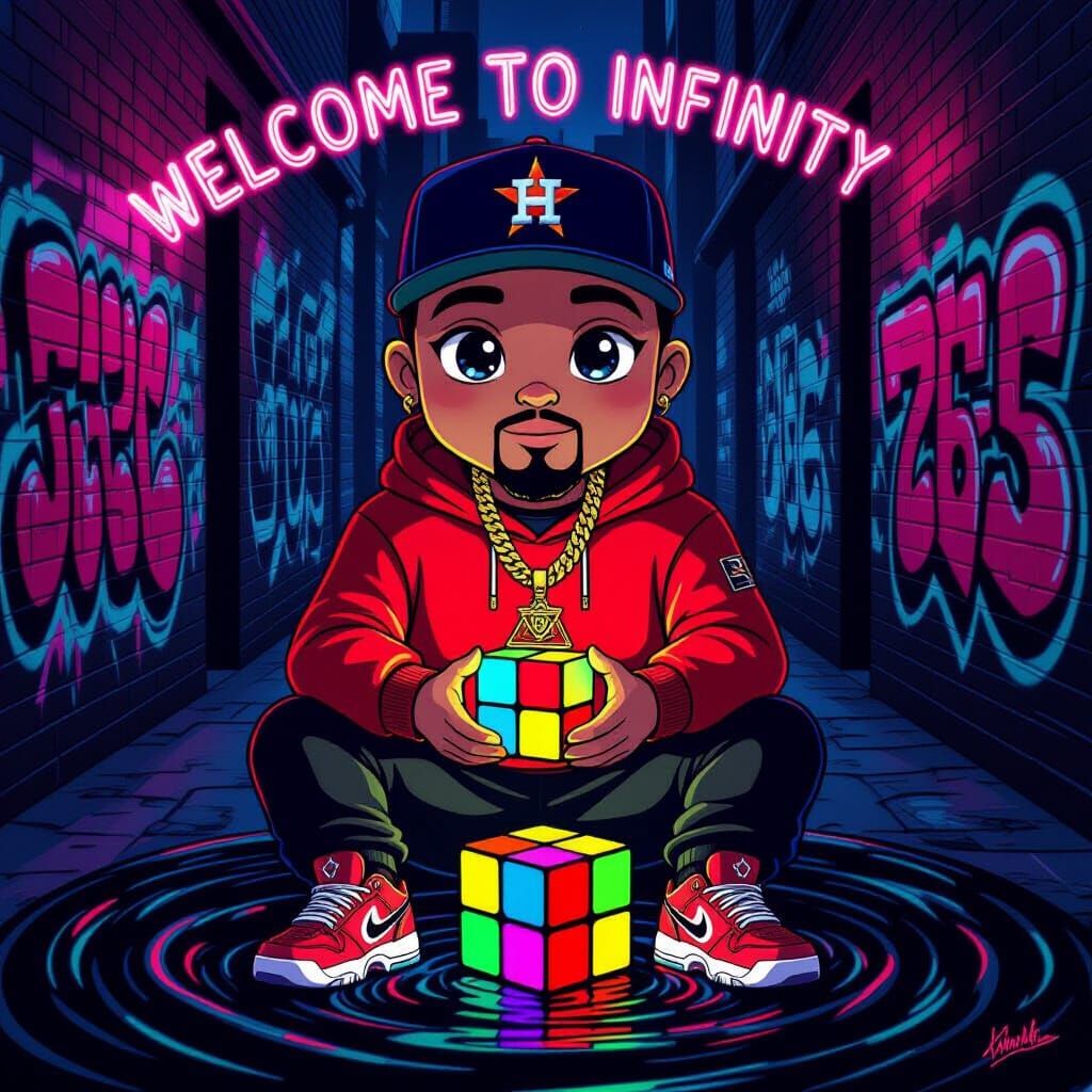 Boricua in Neon Alley Holding Glowing Rubik's Cube