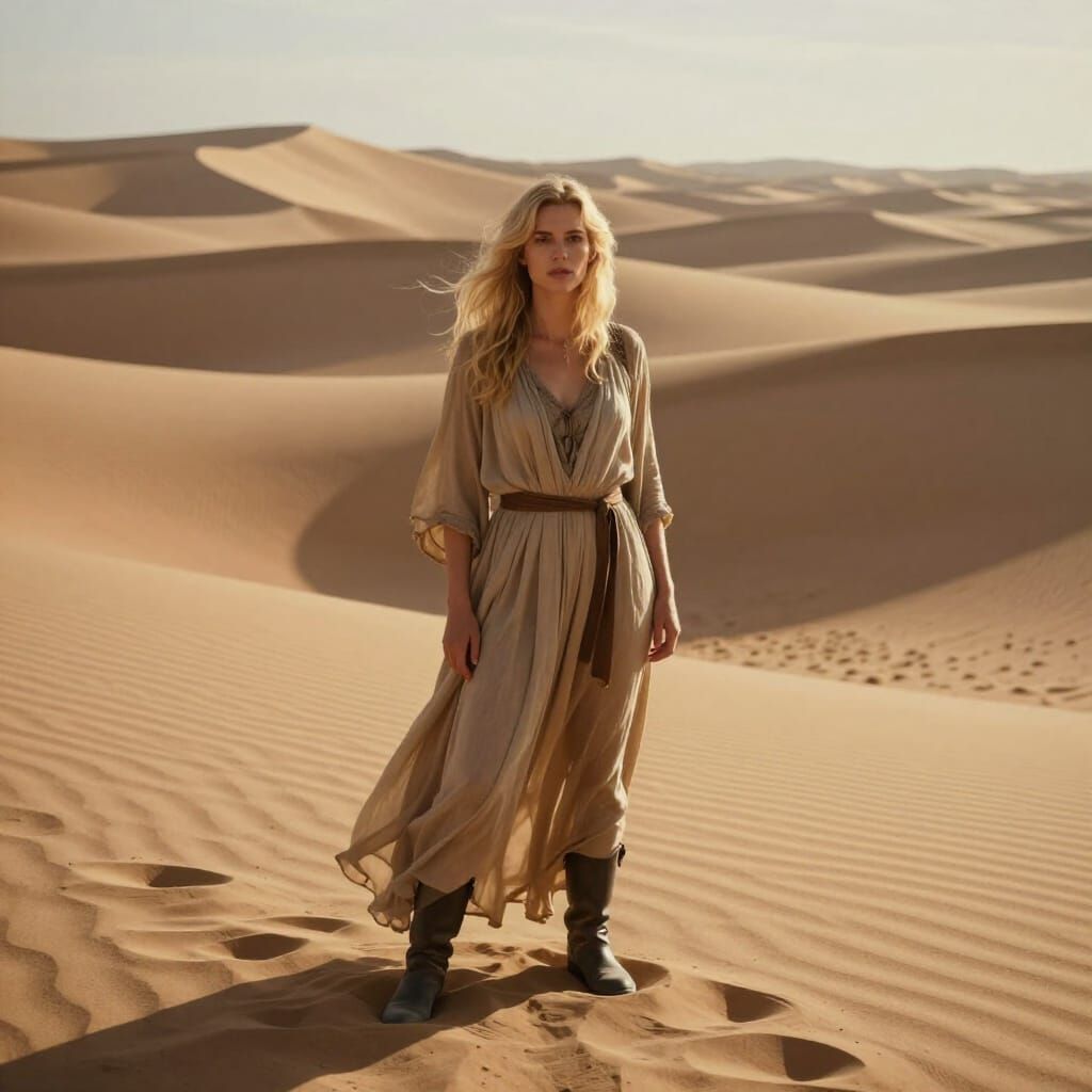 Blonde Woman in Sunlit Desert Cinematic Film Still
