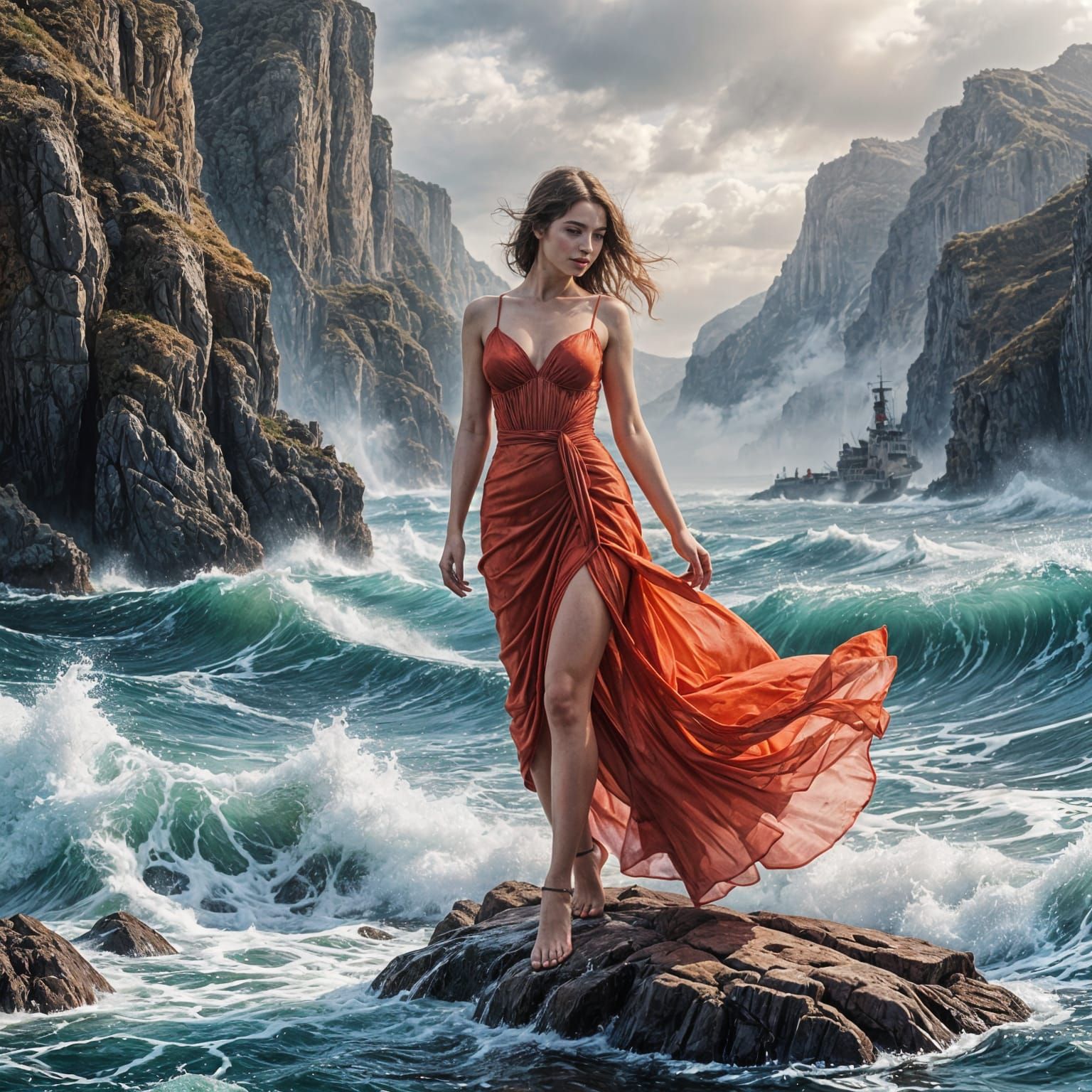 Beautiful Woman in Red Dress on Armchair