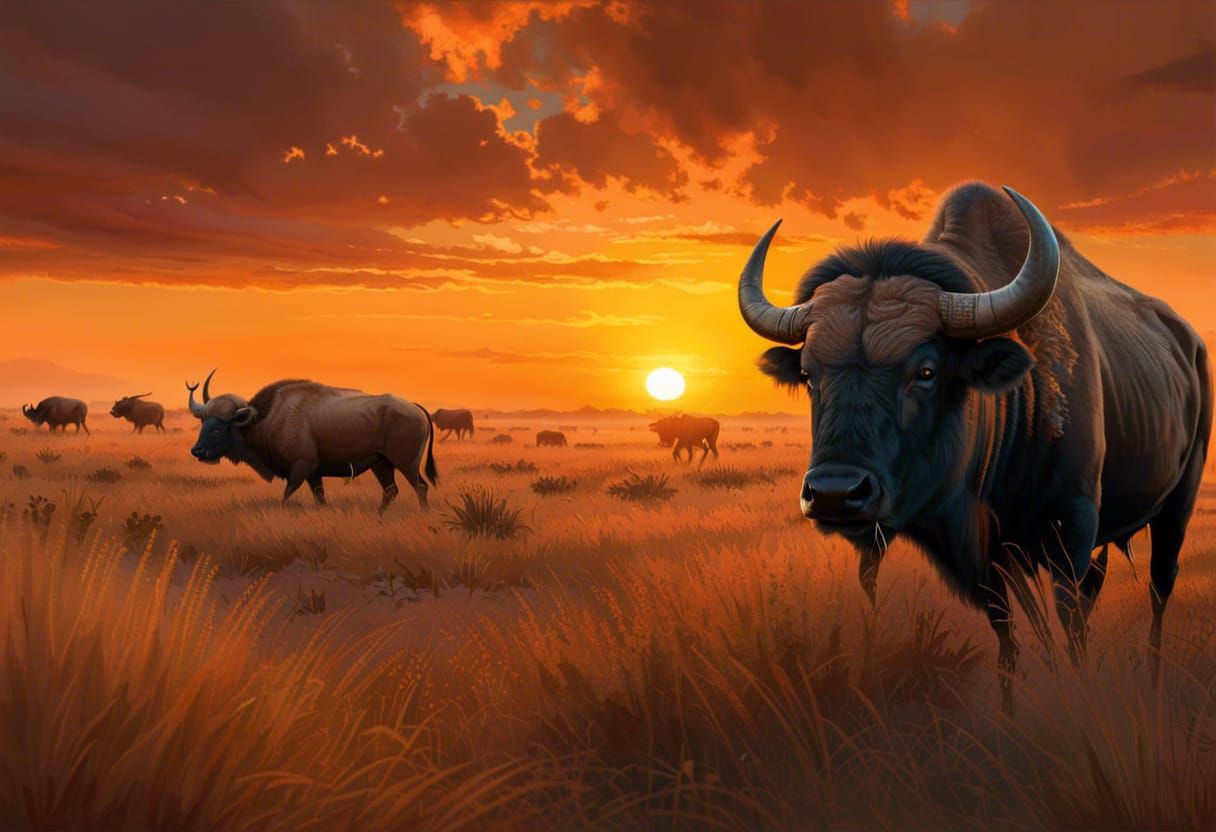 Majestic African Buffalo at Sunset, Photorealistic Rendering