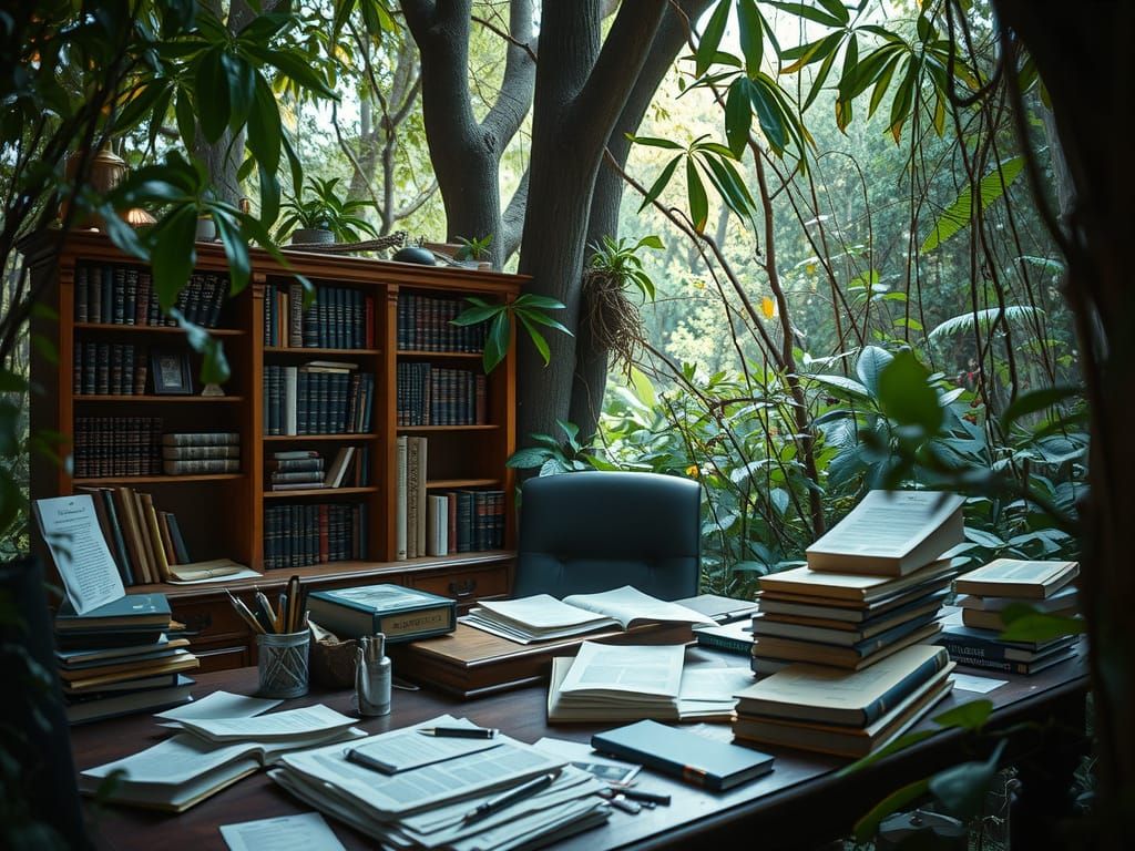 Hyperrealistic Office Desk Amidst Lush Forest