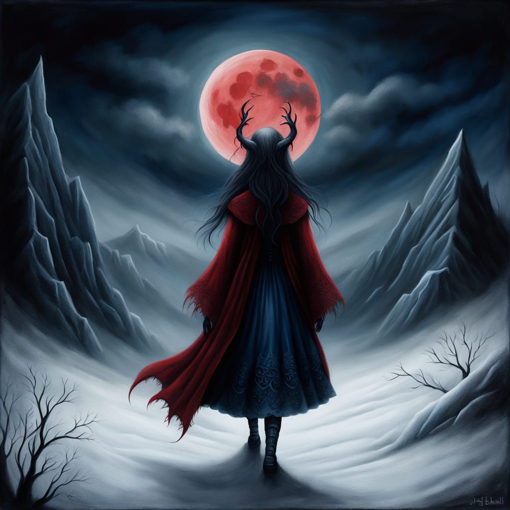 Eerie Creature Under Crimson Moonlight, Oil Painting