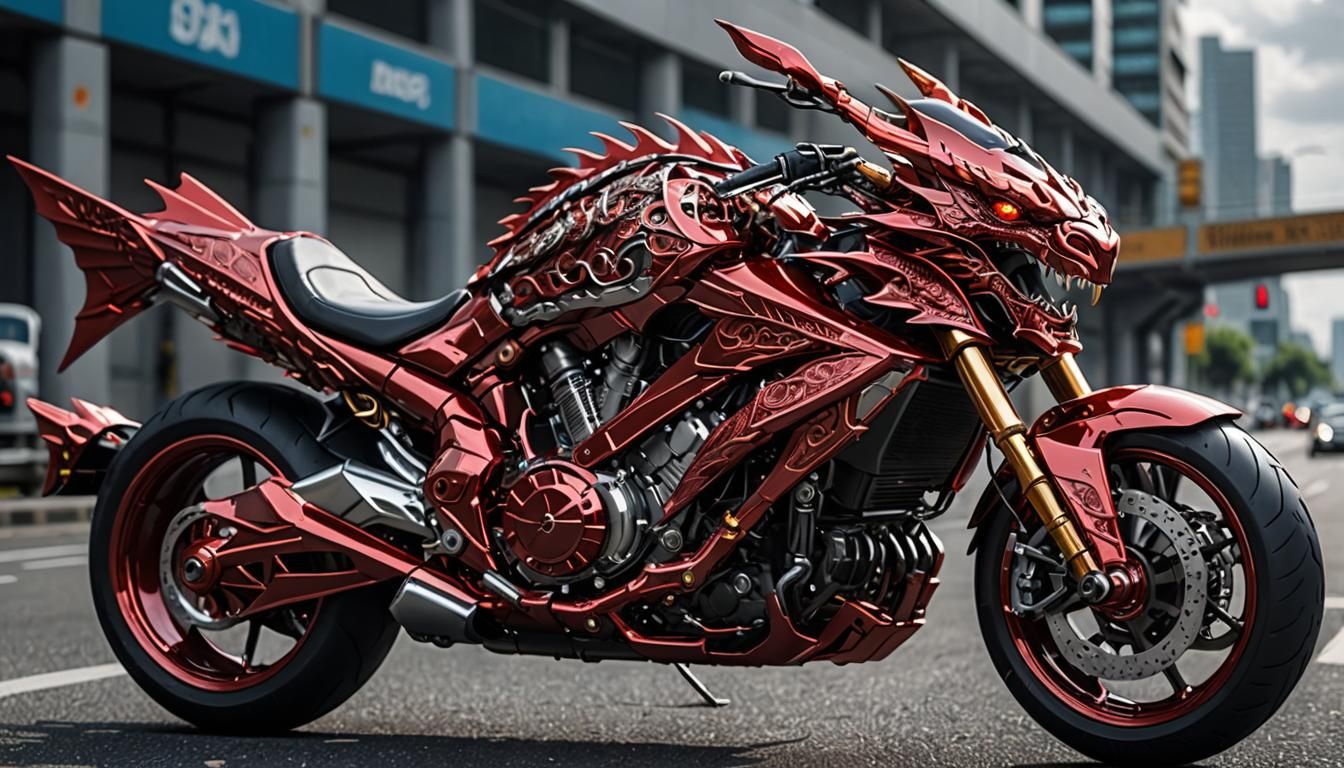 Cyberpunk Crimson Dragon Motorcycle on Highway
