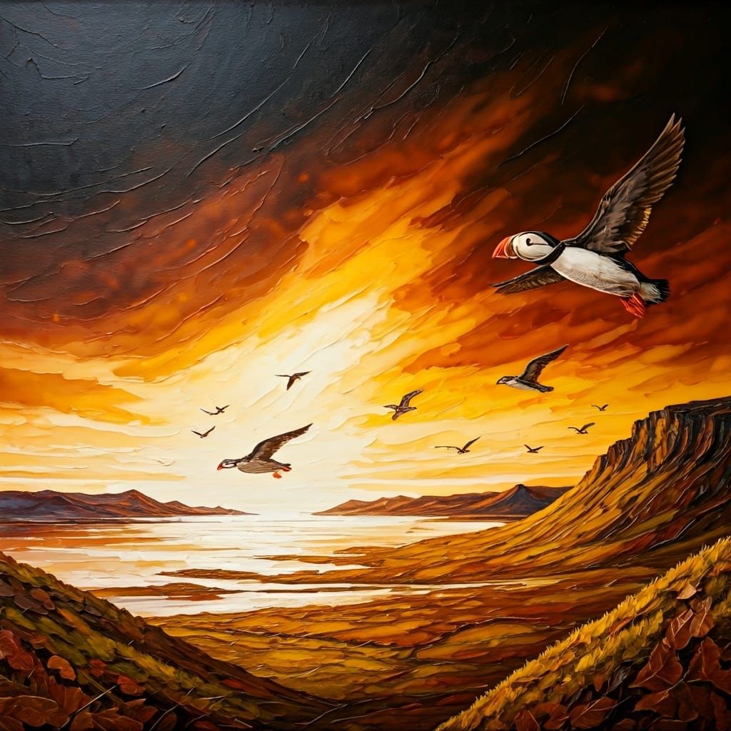 Puffins in the late eveneing
