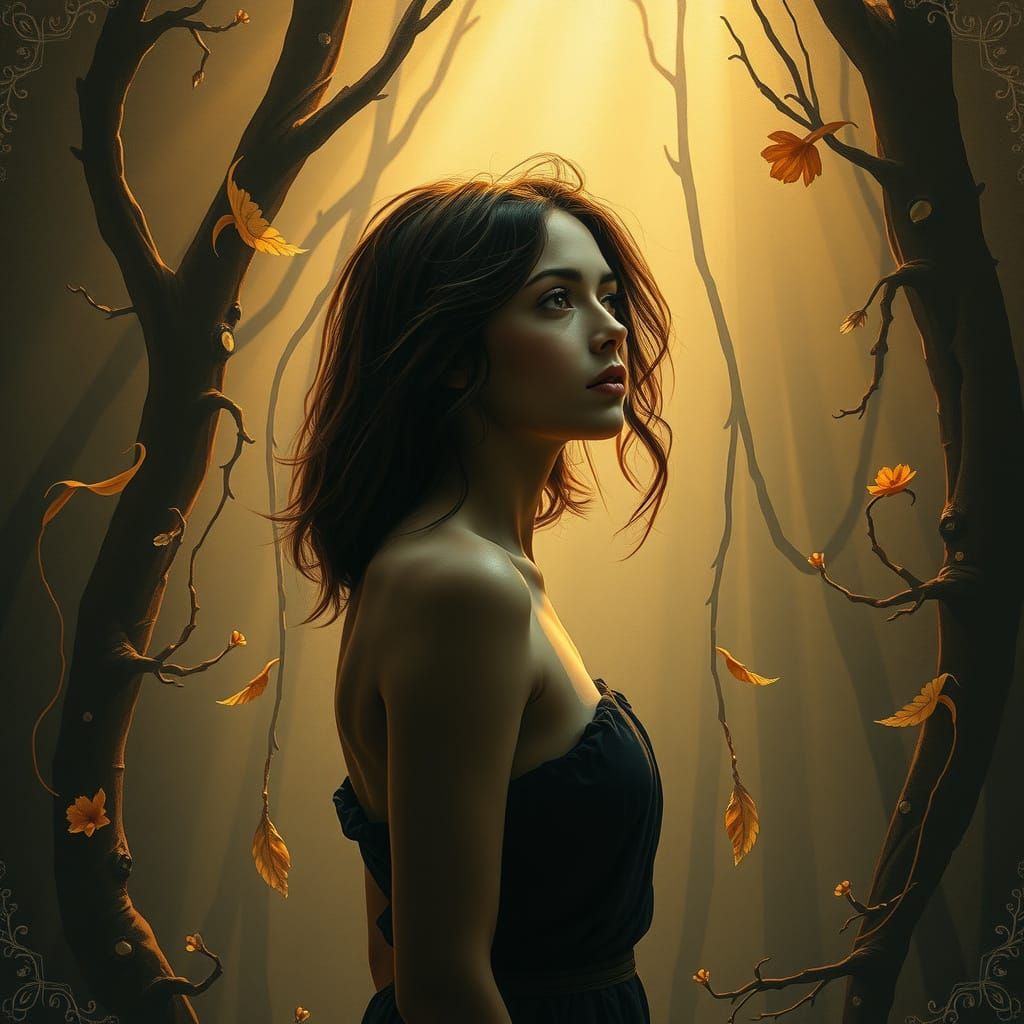 Introspective Woman in Soft Light, Art Nouveau Style