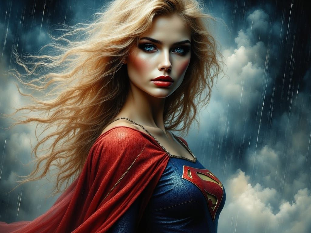 Retro-Futuristic Supergirl in Dark Clouds