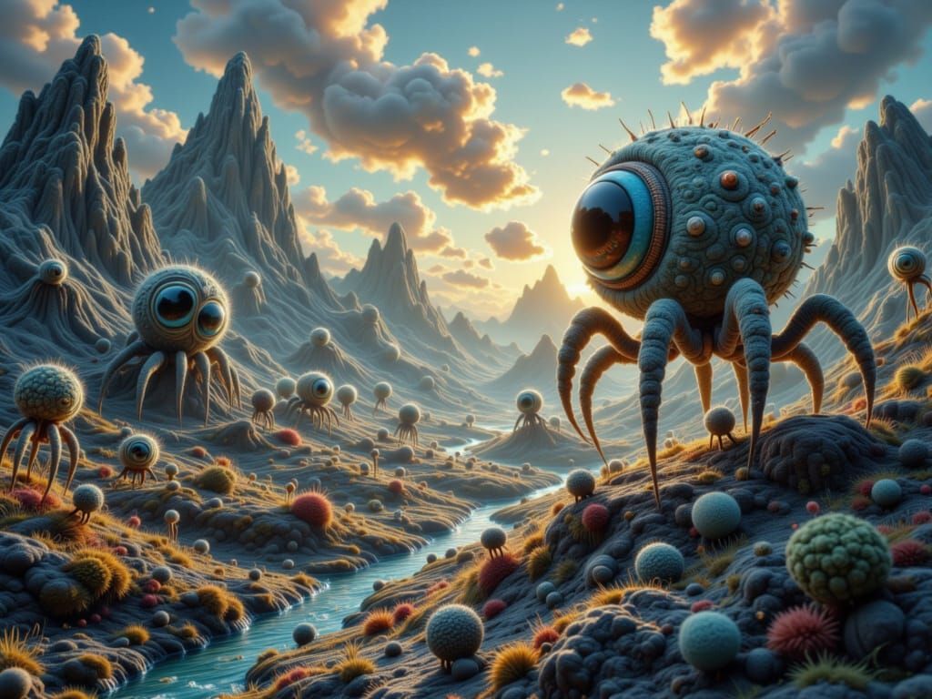 Alien Eyeball Creatures in Surreal Twilight Landscape
