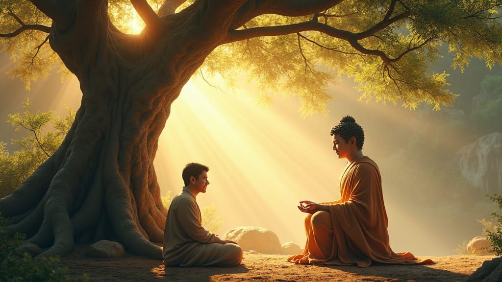 Young Man Seeks Guidance from Buddha in Matte Painting