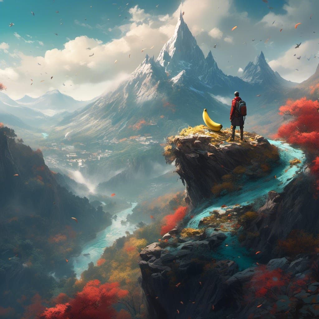 Man with Banana, Mountain View, Detailed Matte Painting