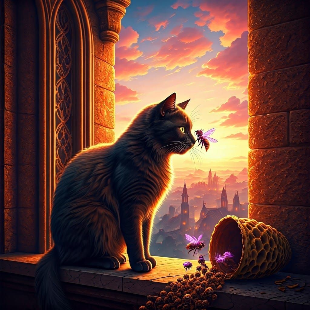 Whimsical Cat Encounters Magical Bee in Grand Castle