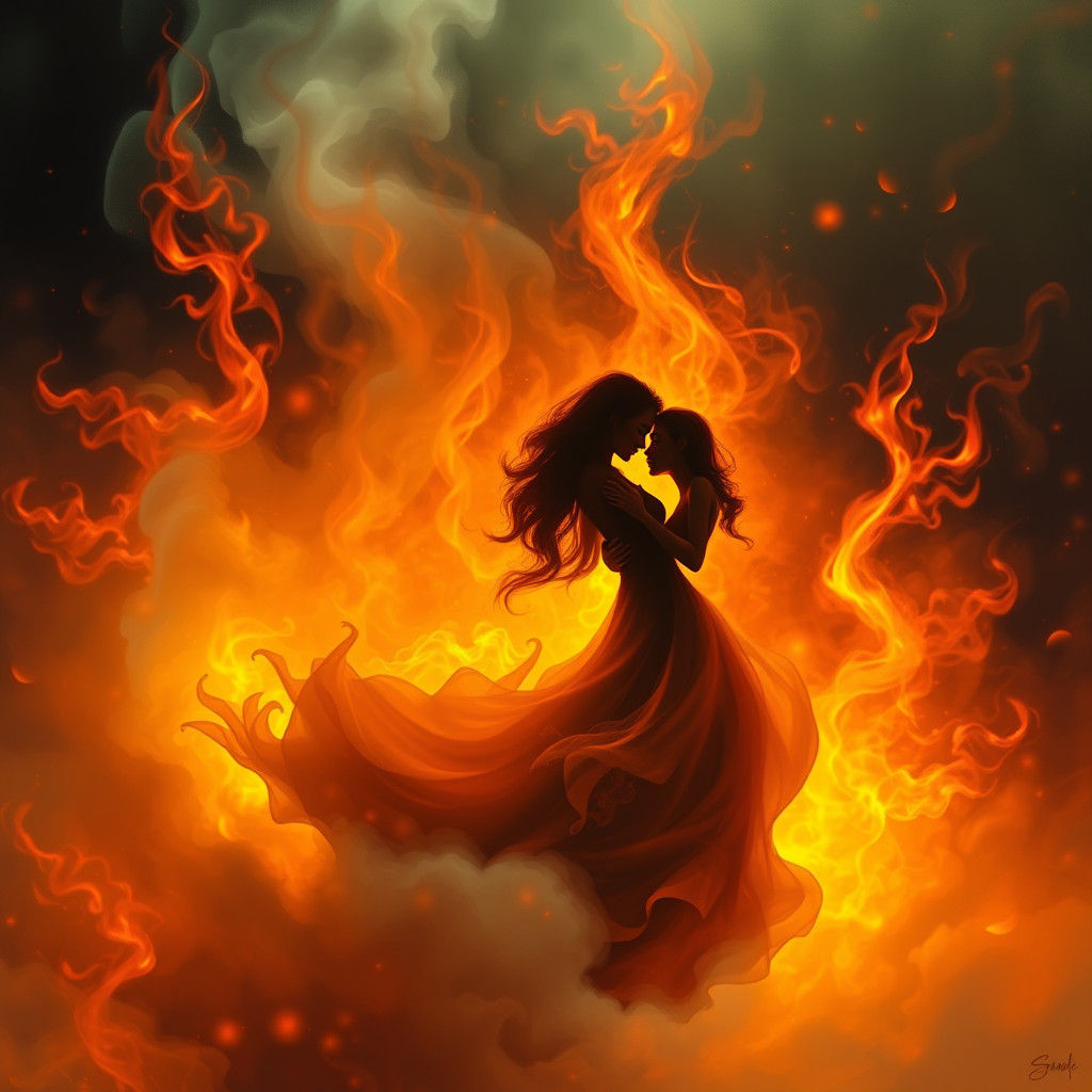 Lovers Dancing in Fiery, Abstract Dreamscape