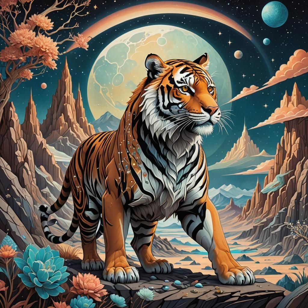 Biomechanical Tiger on Alien Planet in Rich Colors