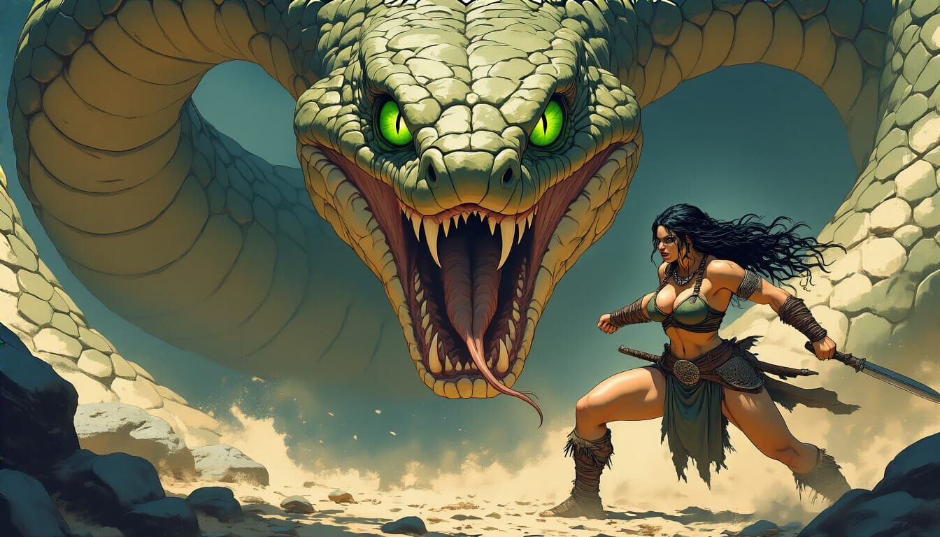 Barbarian Warrior Battles Giant Serpent in Fantasy Art Style