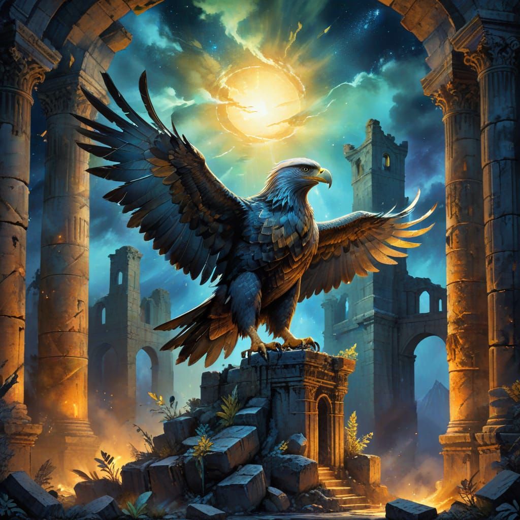 Majestic Golden Eagle on Ancient Ruins in Watercolor Style
