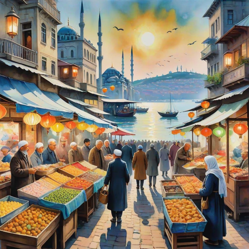 Vibrant Istanbul Night Market in Gouache Style