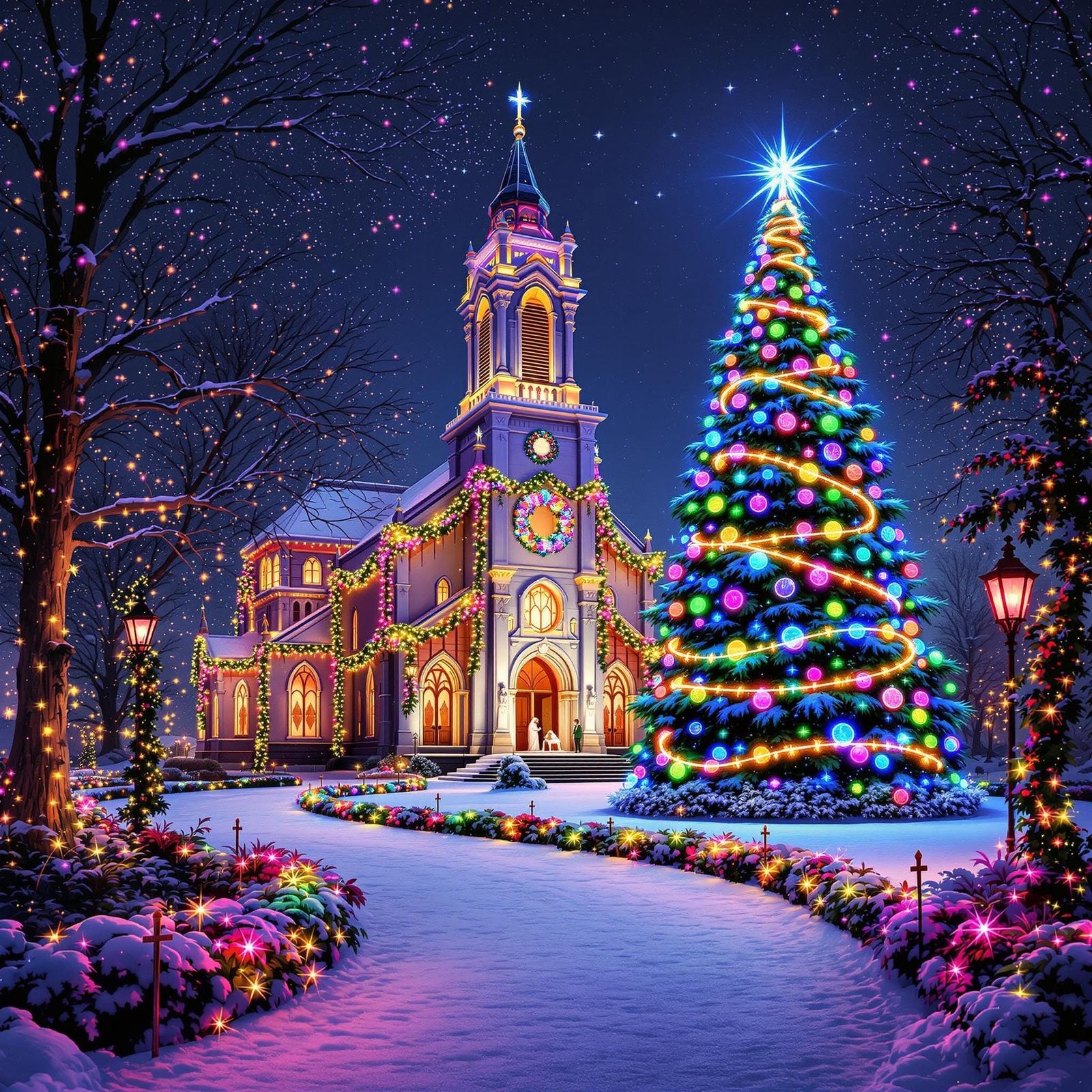 Majestic Christmas Scene at a Vibrant Nighttime Church