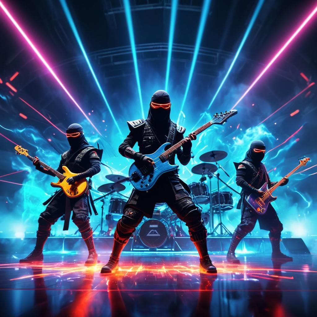 a futuristic band of ninja's with rock band musical instrume...