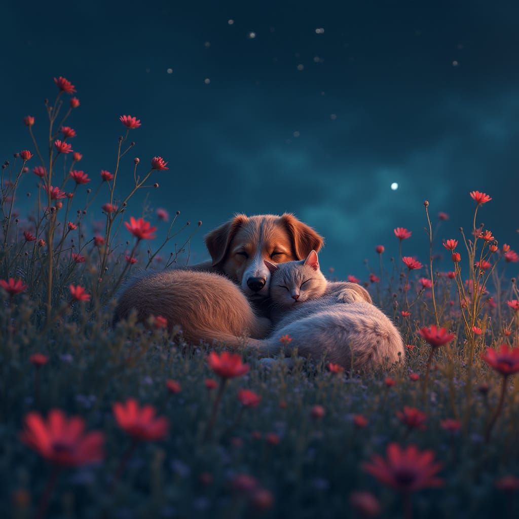 Dog and Cat Sleeping in Floral Meadow, Hyper-Realistic