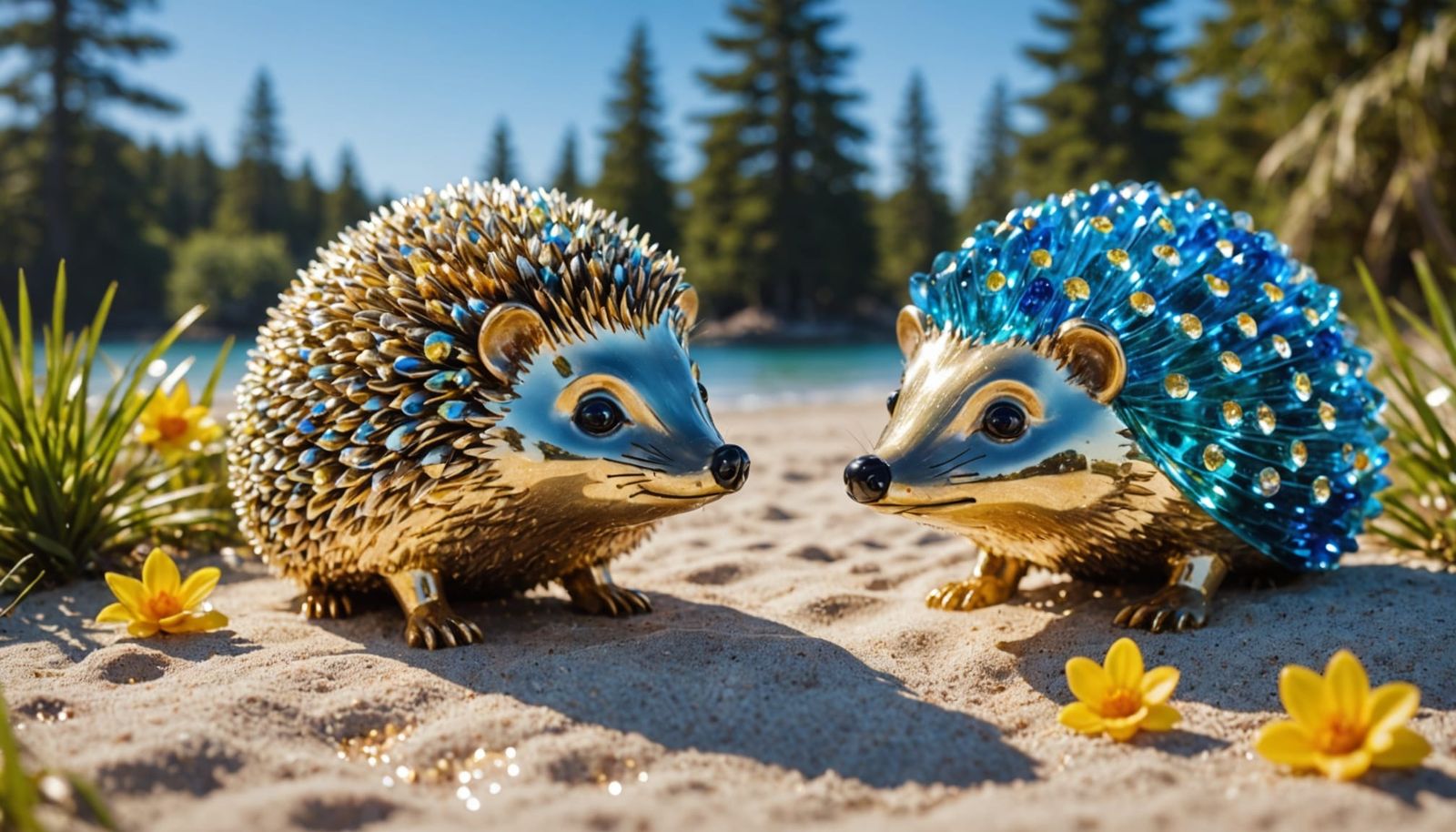 Vibrant Beach Fantasy with Hedgehog and Duckling in Glass Sc...