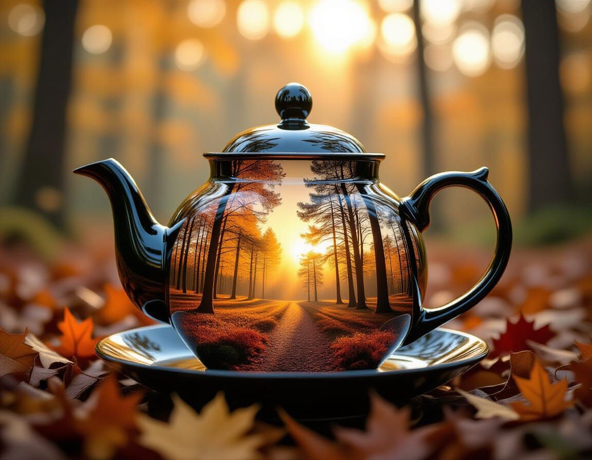 Double Exposure Teapot in Autumn Forest