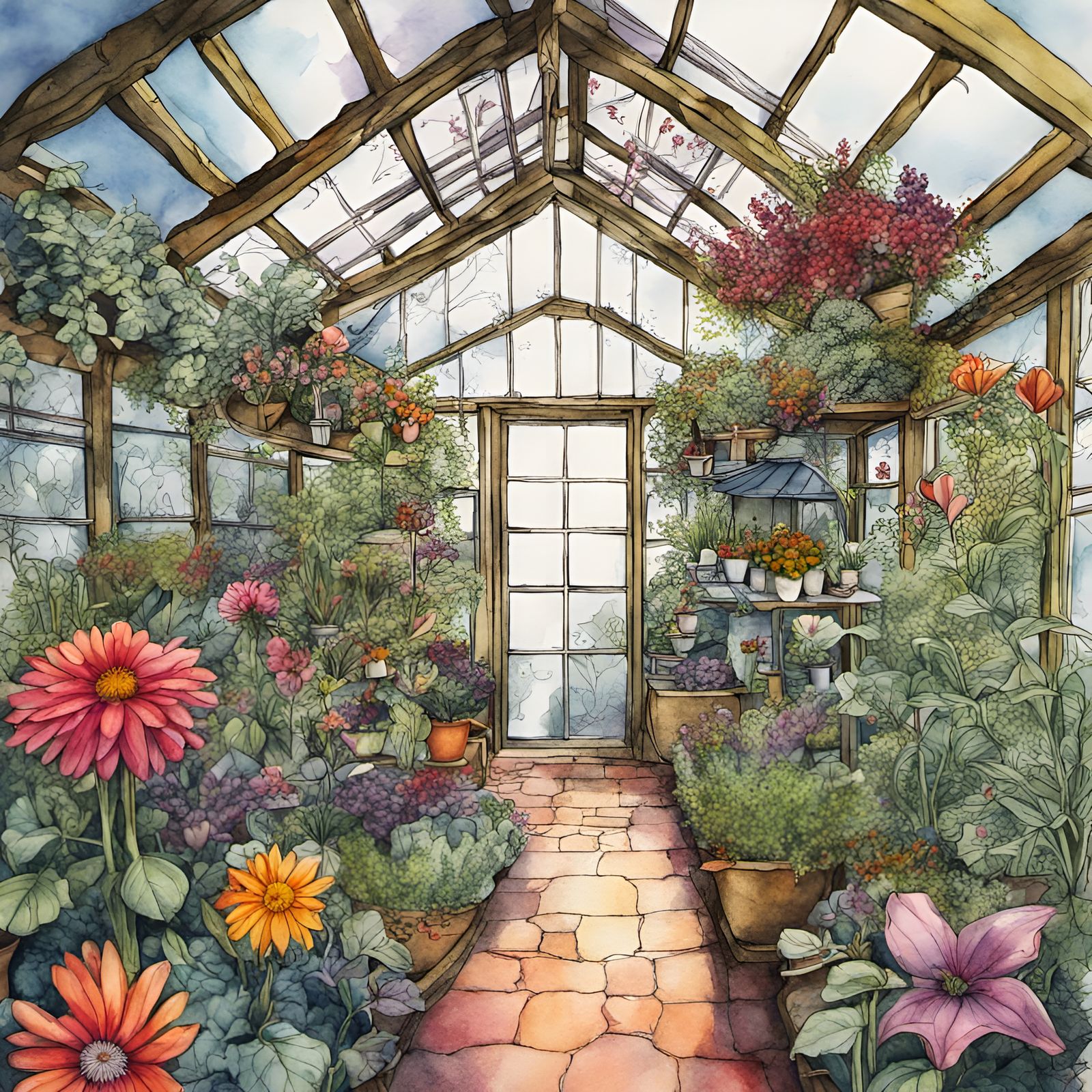 Fantasy fairy greenhouse, herbs, flowers