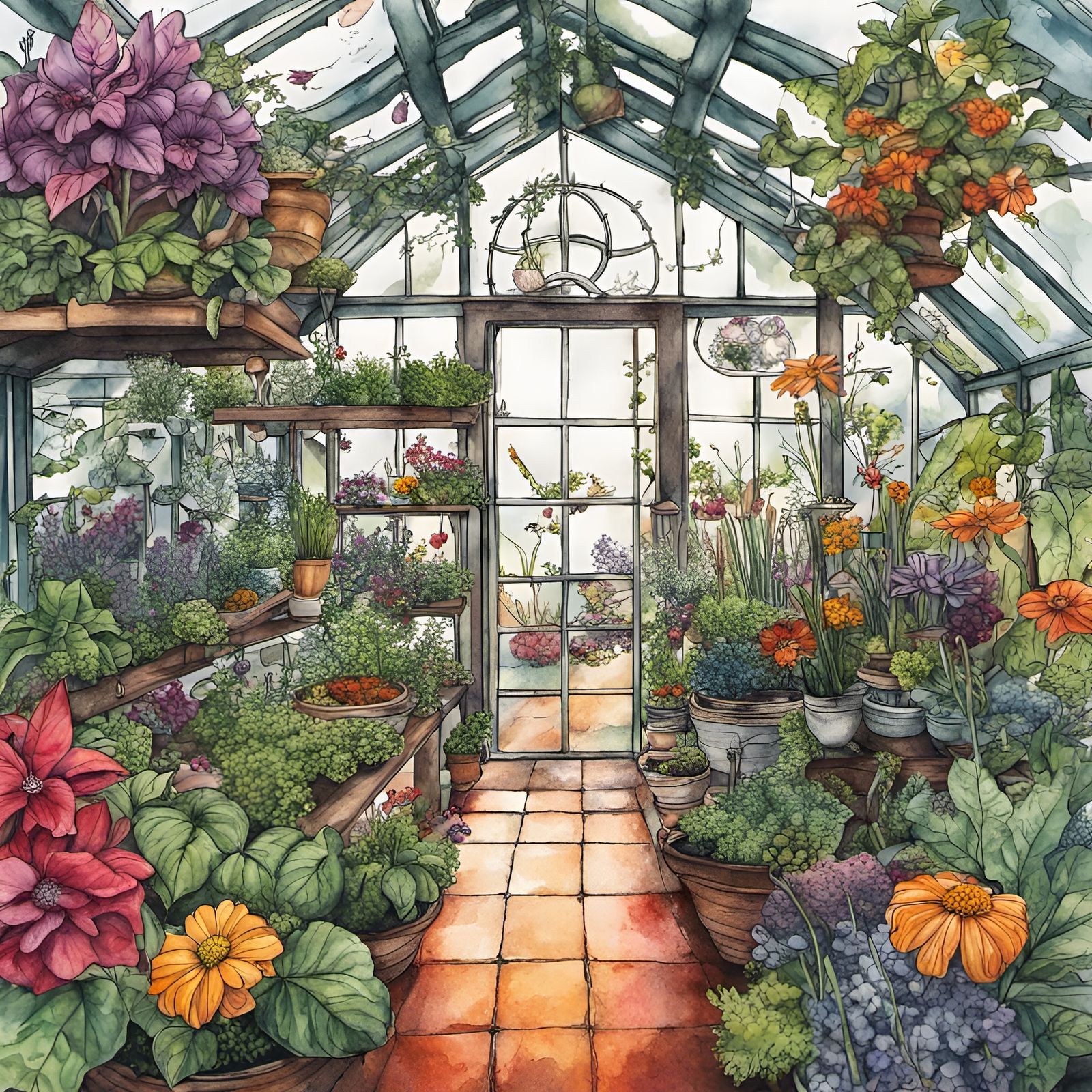 Fantasy fairy greenhouse, herbs, flowers