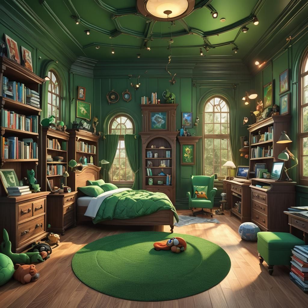 Boy's Whimsical Bedroom in Serpentine Library, 3D Digital Ar...