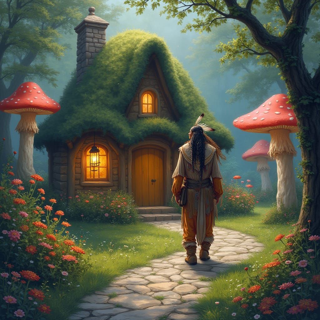 Native American Man Approaches Whimsical Cottage in Enchante...