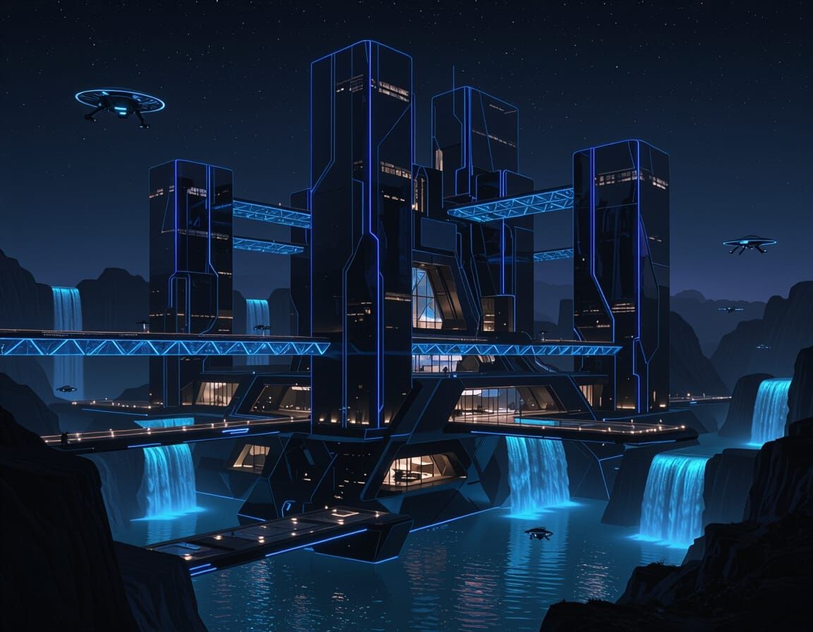 Futuristic Mansion with Floating Platforms in Cyberpunk Styl...