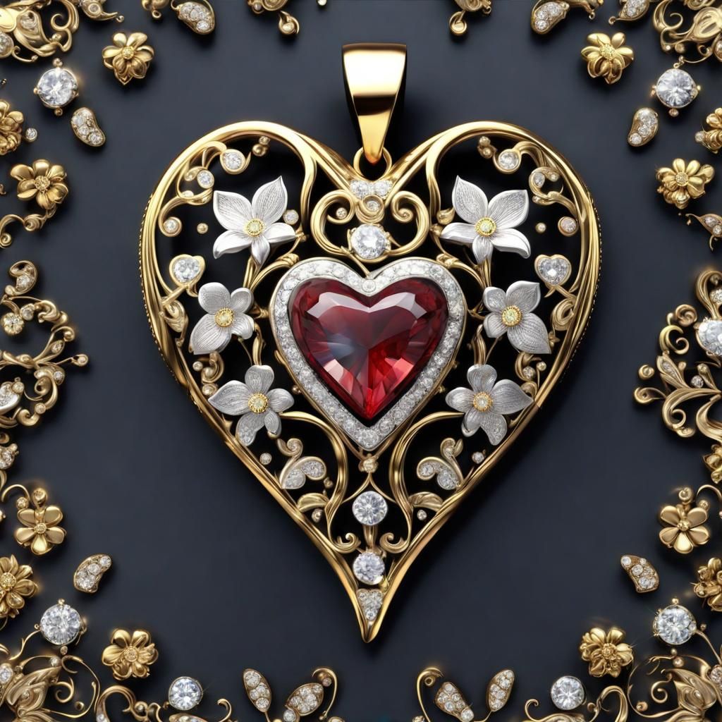 Ornate Metal Heart Pendant with Gems and Flowers