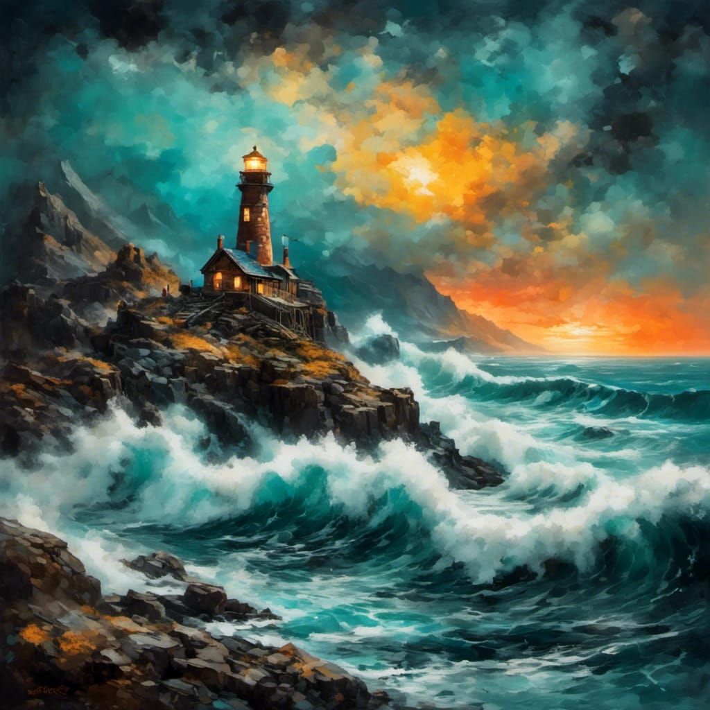 Lighthouse in Stormy Seas: Impasto Seascape