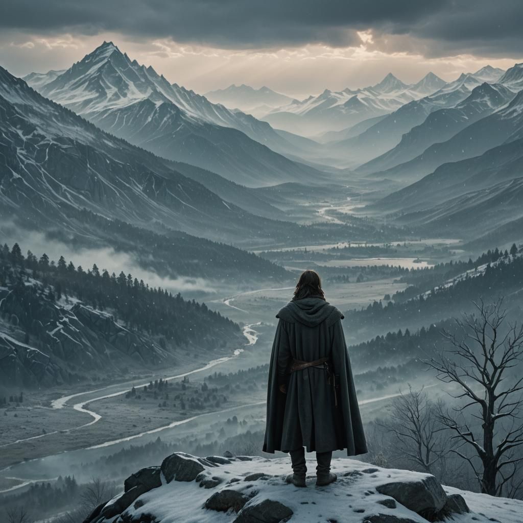 Aragorn in the Misty Mountains: A Cinematic Still