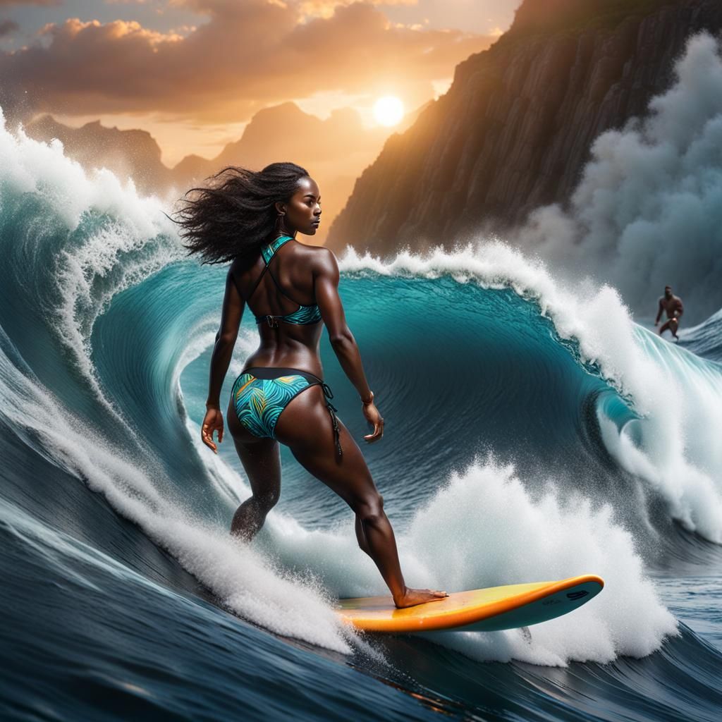 Surfer Girl Rides a Big Wave: Digital Art
