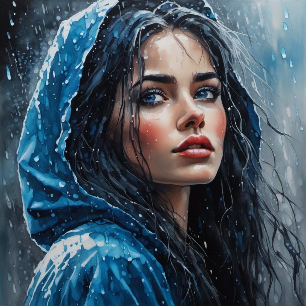 Beautiful Woman in Rainy Ink Wash Style