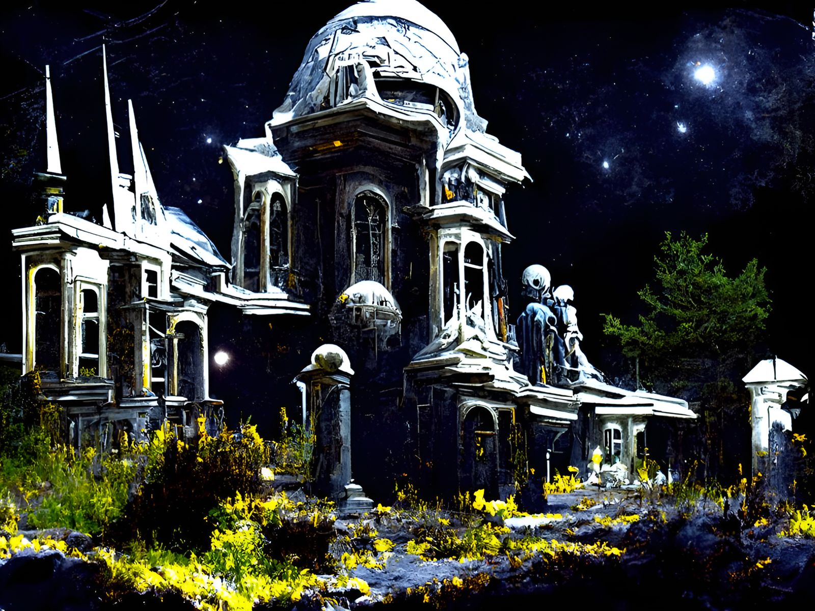 Haunted Mansion Under Starry Sky, Photorealistic HDR