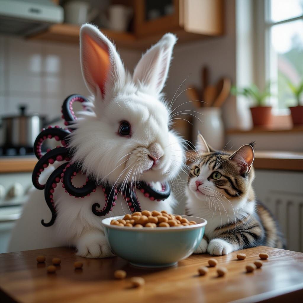 A rabbit with dark black tentacles on the face was eating ca...