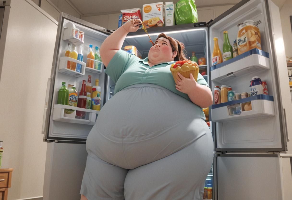 Extremely Large Woman Obscures Refrigerator in 3D Anime Art