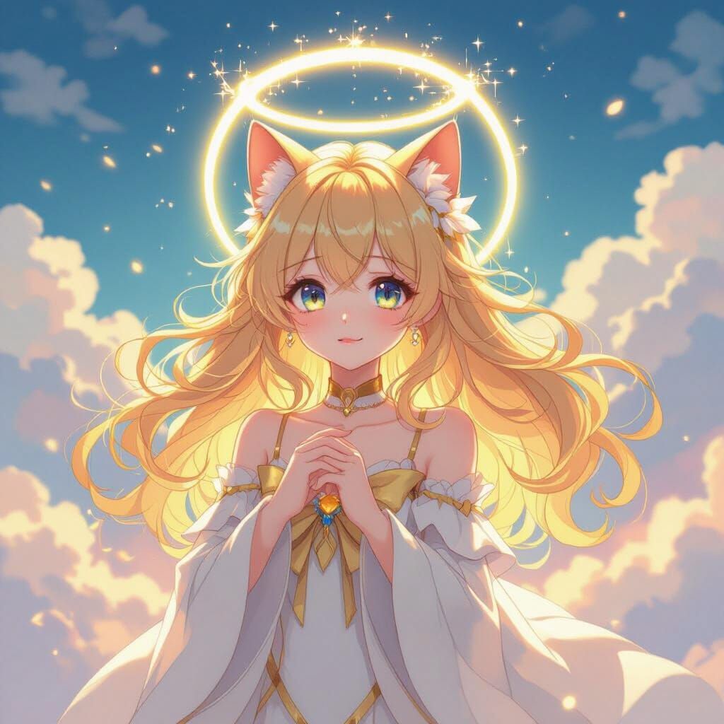 Anime Cat Angel with Golden Hair and Halo