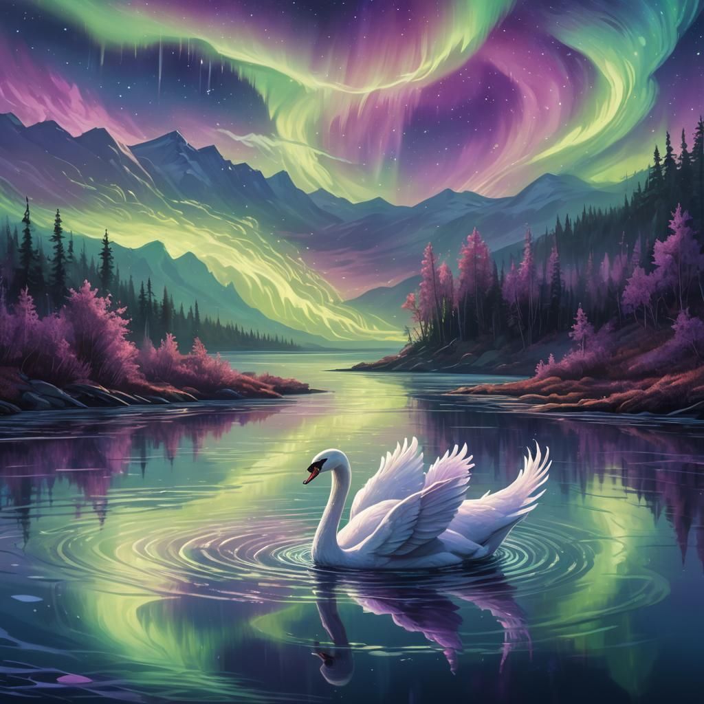 Swan Chandelier Swimming Under Northern Lights