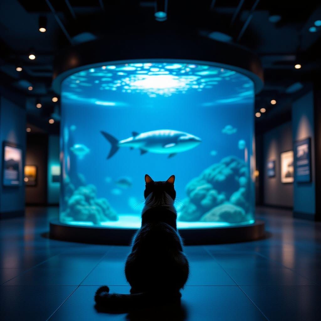 Cat Watches Aquarium in Dimly Lit Museum
