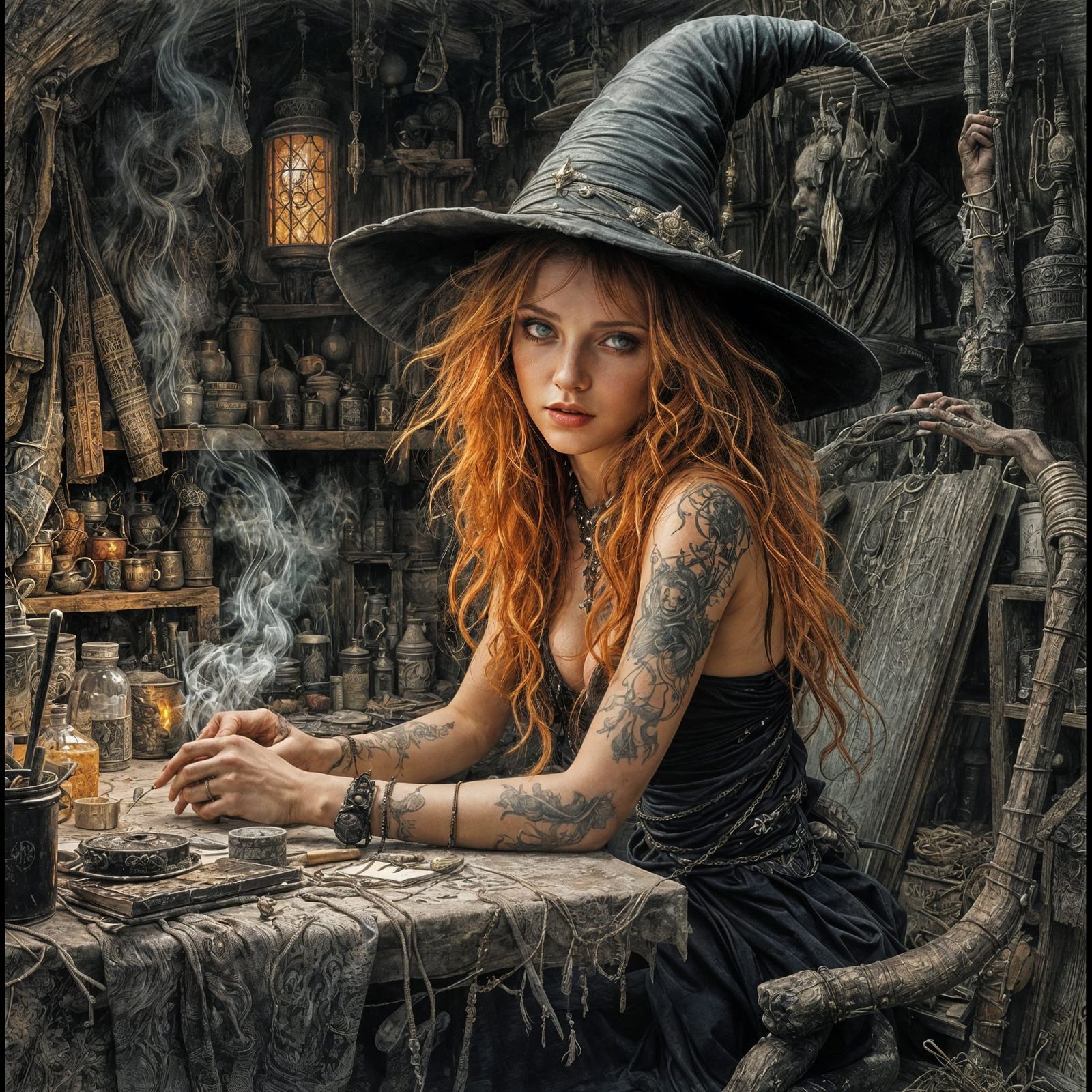 Ginger Witch in Cluttered Hut, Luis Royo Style