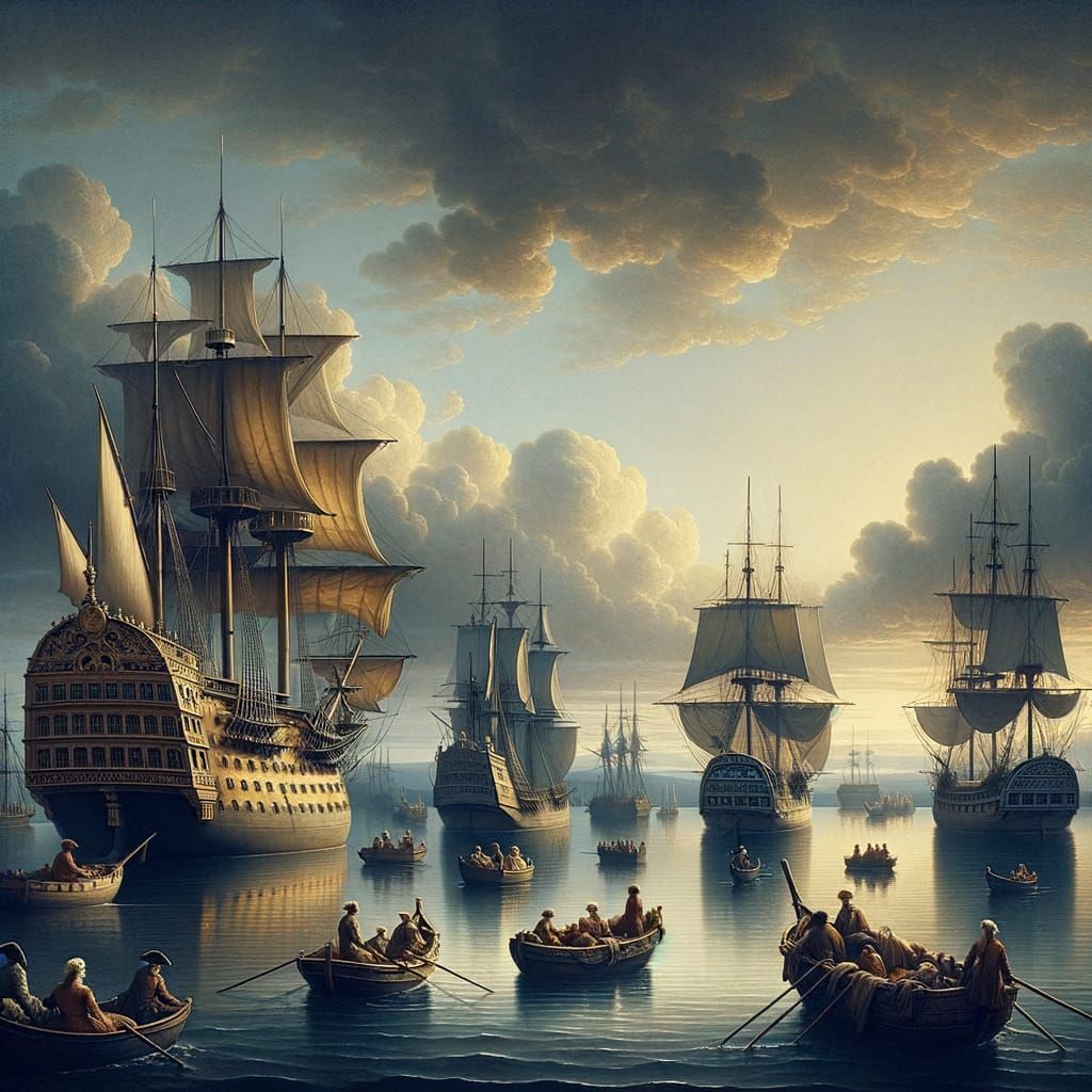 Vibrant 18th-Century Maritime Scene in Oil Painting Style