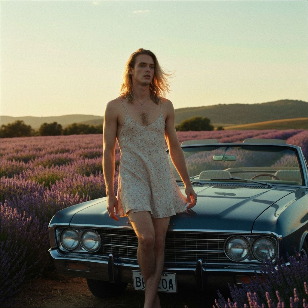 Man in Sundress Poses on Classic Car in Lavender Field