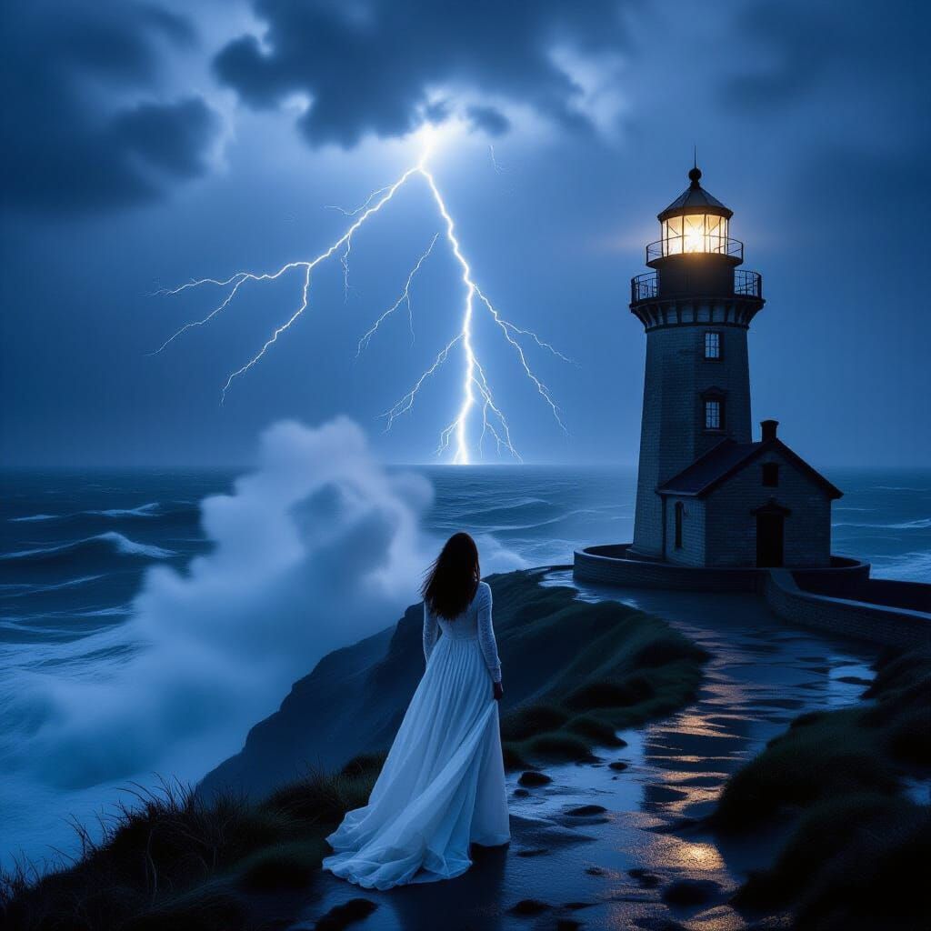 Lighthouse, Stormy Ocean, Woman in White Dress