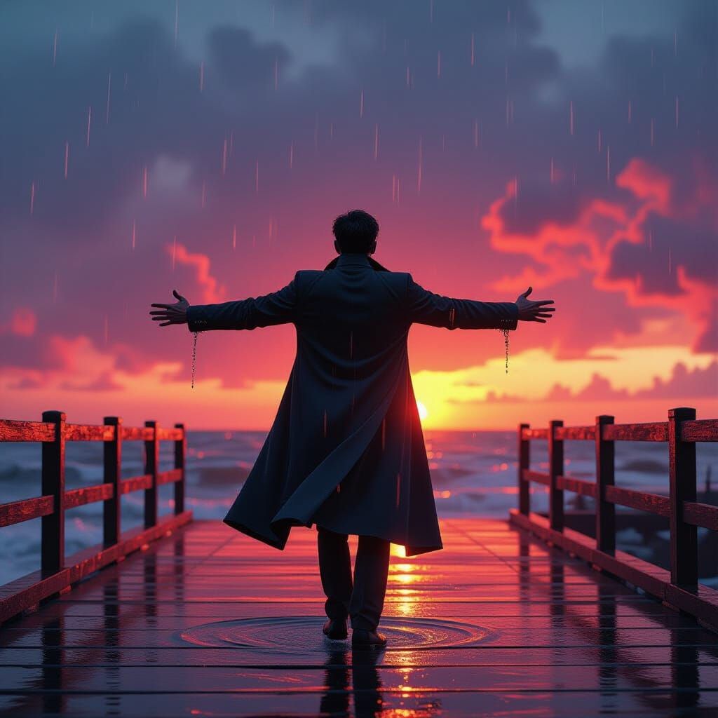 Surreal Sunset Boardwalk Scene in Fantasy Art Style