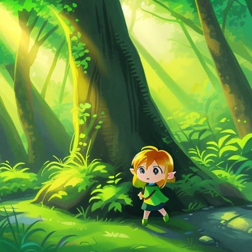 Chibi Link Reads Comic in Forest: Cartoon Art
