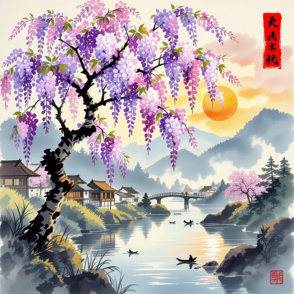 Yamato-e Style Wisteria Blossoms in Spring Sunlight