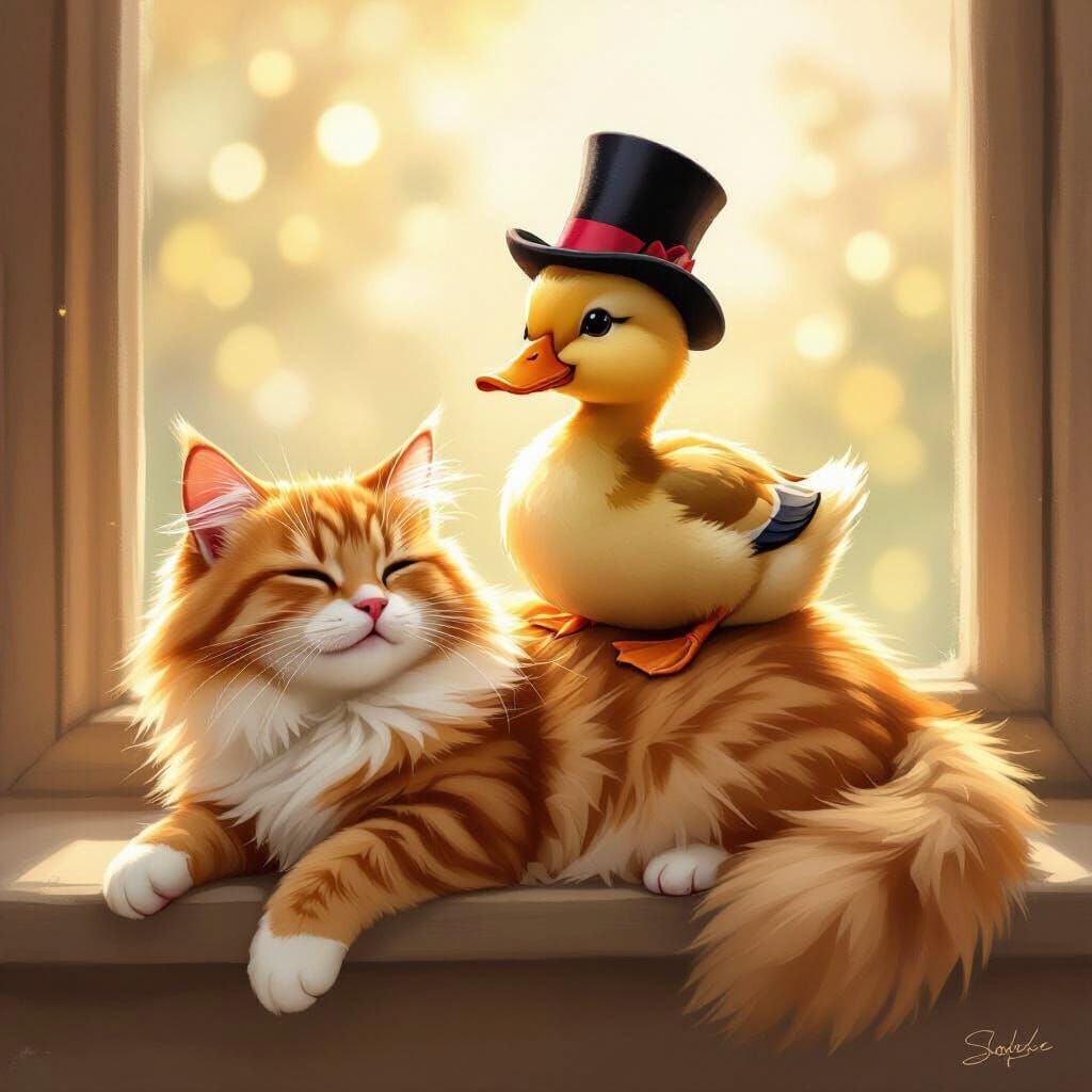 Whimsical Duck on Cat Illustration in Storybook Style