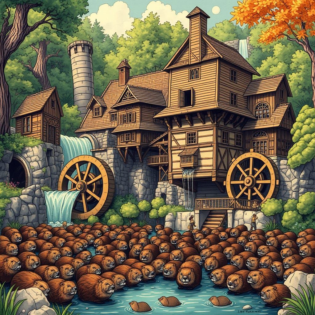 Whimsical Mill with Majestic Waterwheels and Busy Beavers in...